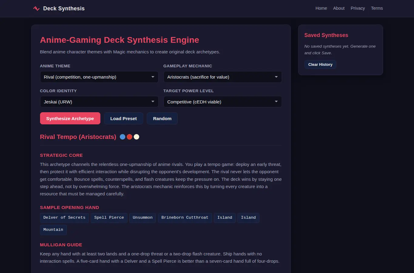 Screenshot of Anime-Gaming Deck Synthesis Engine interface showing the project page in use